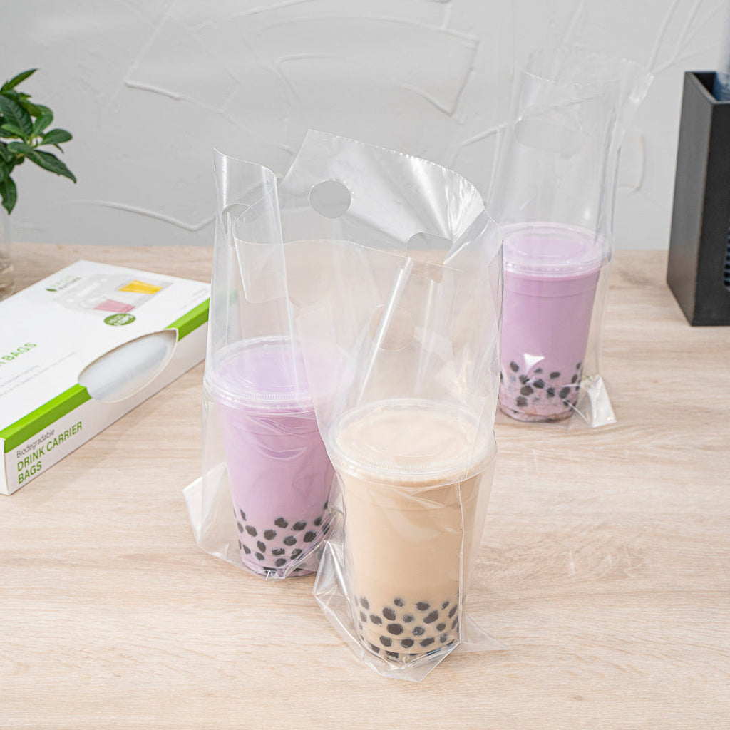 Basic Nature Clear Plastic Drink Carrier Bag - Fits 2 Cups, Biodegradable - 12 1/2" x 3 1/4" x 11" - 100 count box