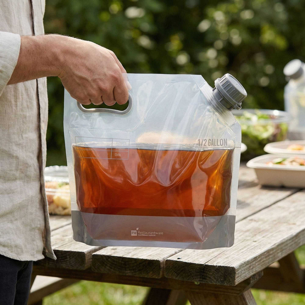 Cater Tek 1/2 gal Clear Plastic Take Out Drink Bag - with Safety Cap - 11 3/4" x 4 1/4" x 9" - 10 count box