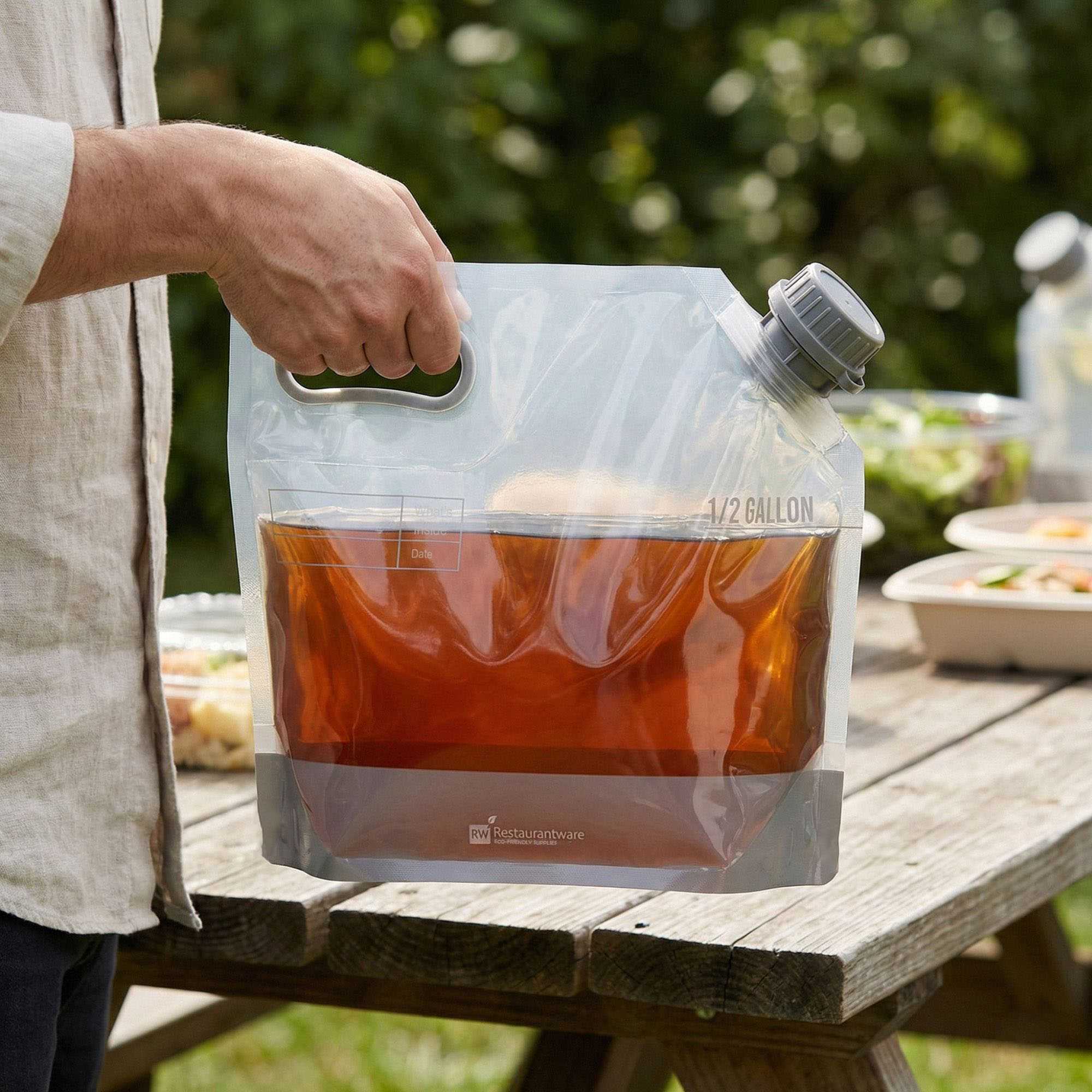 Cater Tek 1/2 gal Clear Plastic Take Out Drink Bag - with Safety Cap - 11 3/4" x 4 1/4" x 9" - 10 count box