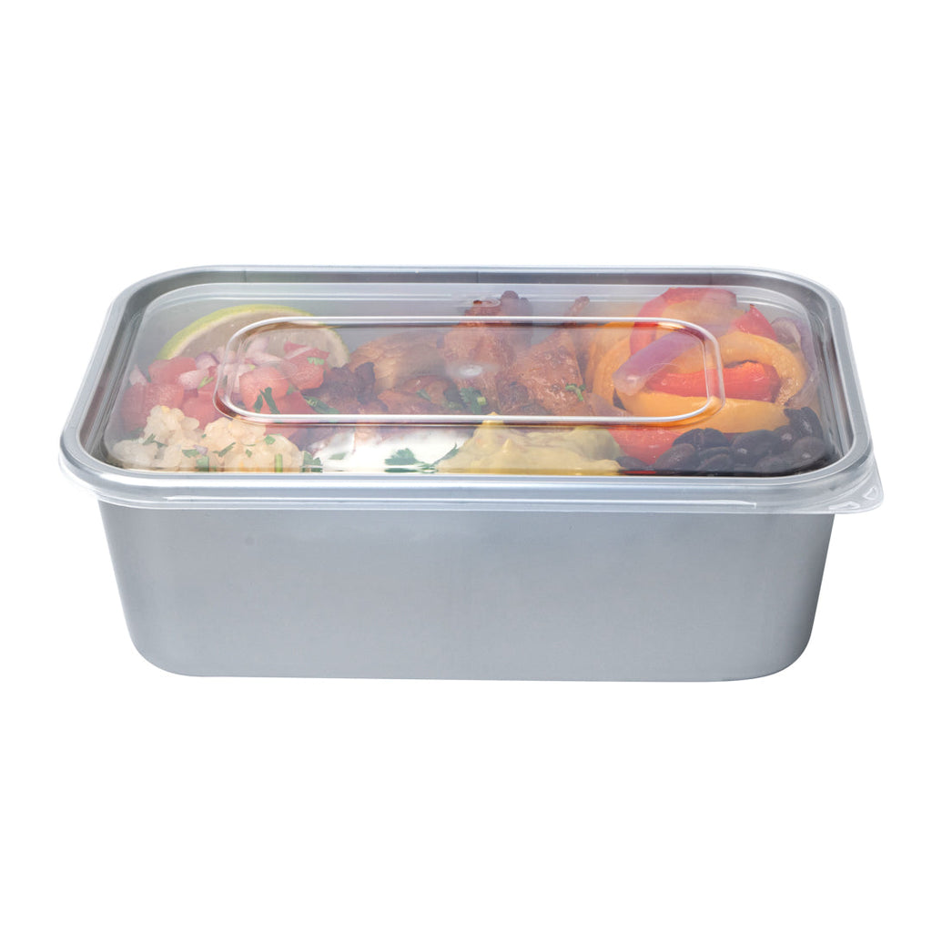 Futura 25 oz Silver Plastic Take Out Container - with Clear Lid, Microwavable - 6 3/4" x 4 1/2" x 2 1/4" - 100 count box
