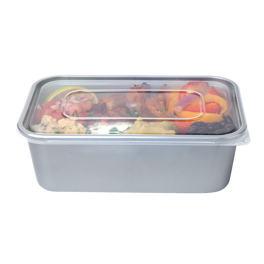 Futura 25 oz Silver Plastic Take Out Container - with Clear Lid, Microwavable - 6 3/4" x 4 1/2" x 2 1/4" - 100 count box