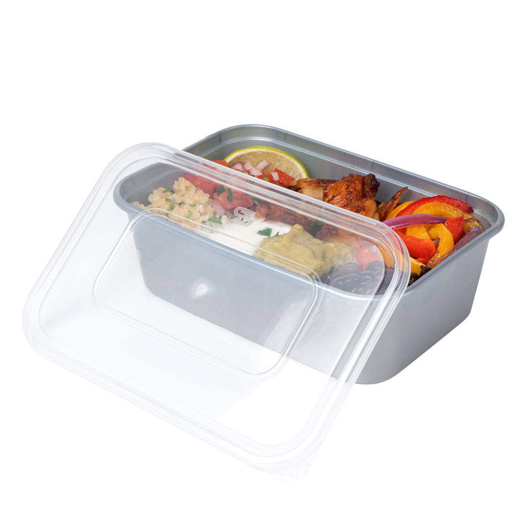Futura 25 oz Silver Plastic Take Out Container - with Clear Lid, Microwavable - 6 3/4" x 4 1/2" x 2 1/4" - 100 count box