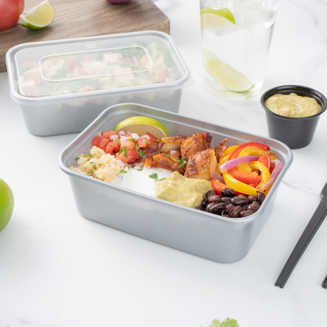 Futura 25 oz Silver Plastic Take Out Container - with Clear Lid, Microwavable - 6 3/4" x 4 1/2" x 2 1/4" - 100 count box