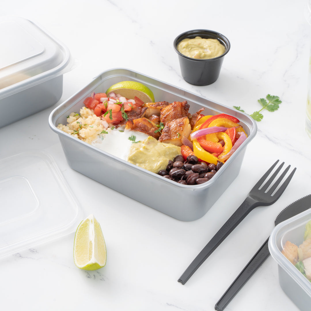 Futura 25 oz Silver Plastic Take Out Container - with Clear Lid, Microwavable - 6 3/4" x 4 1/2" x 2 1/4" - 100 count box