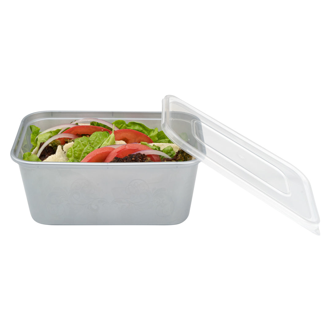 Futura 37 oz Silver Plastic Take Out Container - with Clear Lid, Microwavable, Inserts Available - 6 3/4" x 4 1/2" x 2 3/4" - 100 count box
