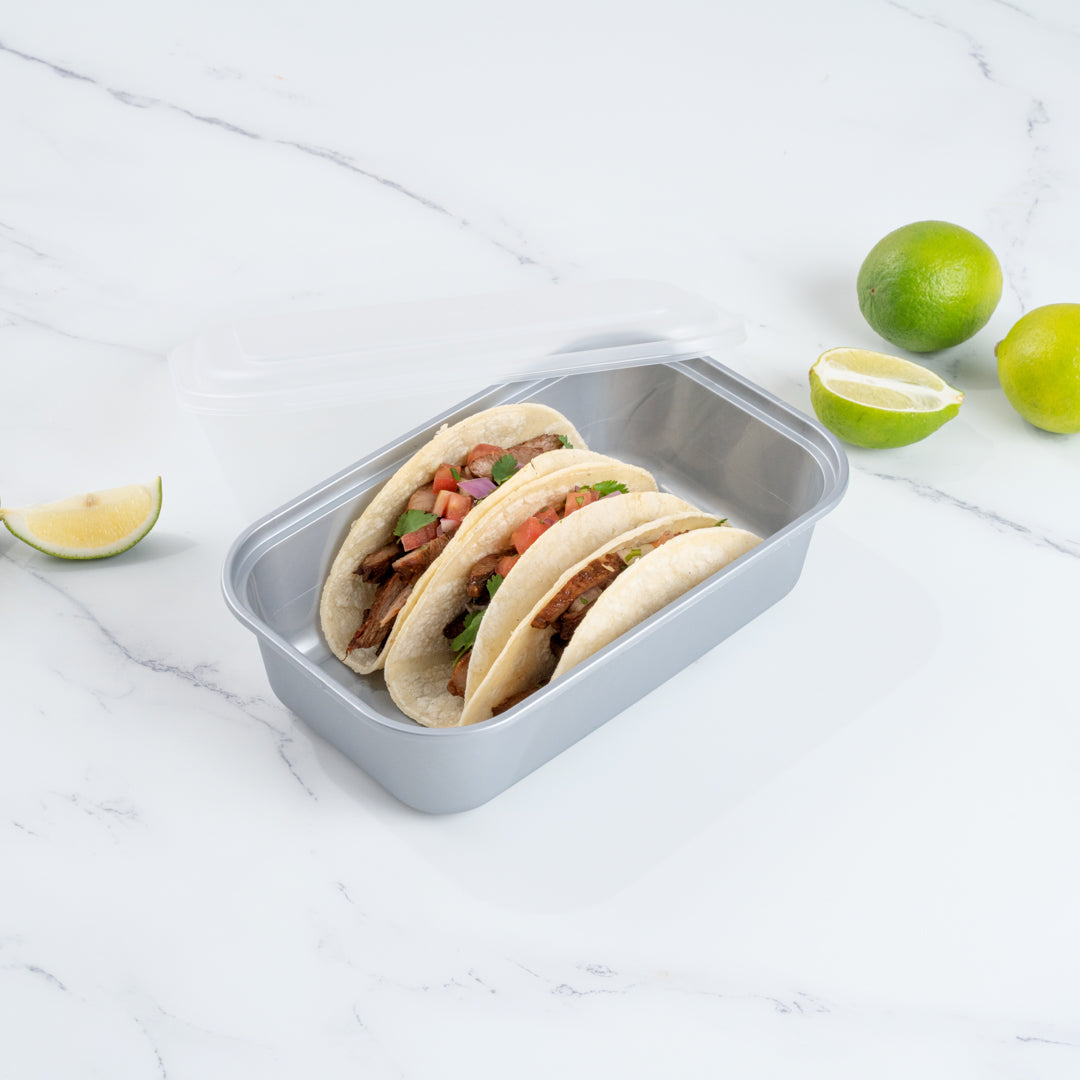 Futura 34 oz Silver Plastic Heavy Duty Container - with Frosted Lid, Microwavable, Inserts Available - 8 1/4" x 5" x 2 1/2" - 100 count box
