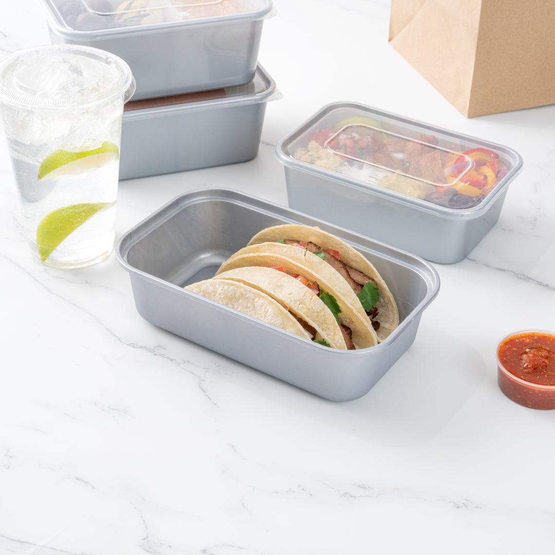 Futura 34 oz Silver Plastic Heavy Duty Container - with Frosted Lid, Microwavable, Inserts Available - 8 1/4" x 5" x 2 1/2" - 100 count box