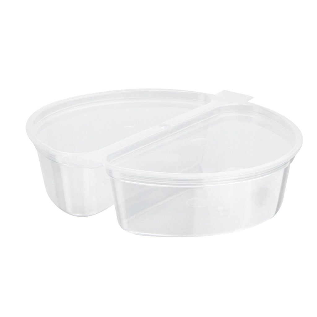 Futura 6 oz Clear Plastic Snack / Condiment Container - with Lid, 2-Compartment, Microwavable - 4" x 3 1/4" x 1" - 100 count box