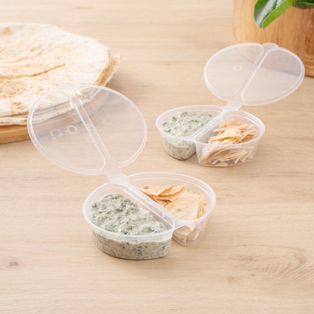 Futura 6 oz Clear Plastic Snack / Condiment Container - with Lid, 2-Compartment, Microwavable - 4" x 3 1/4" x 1" - 100 count box