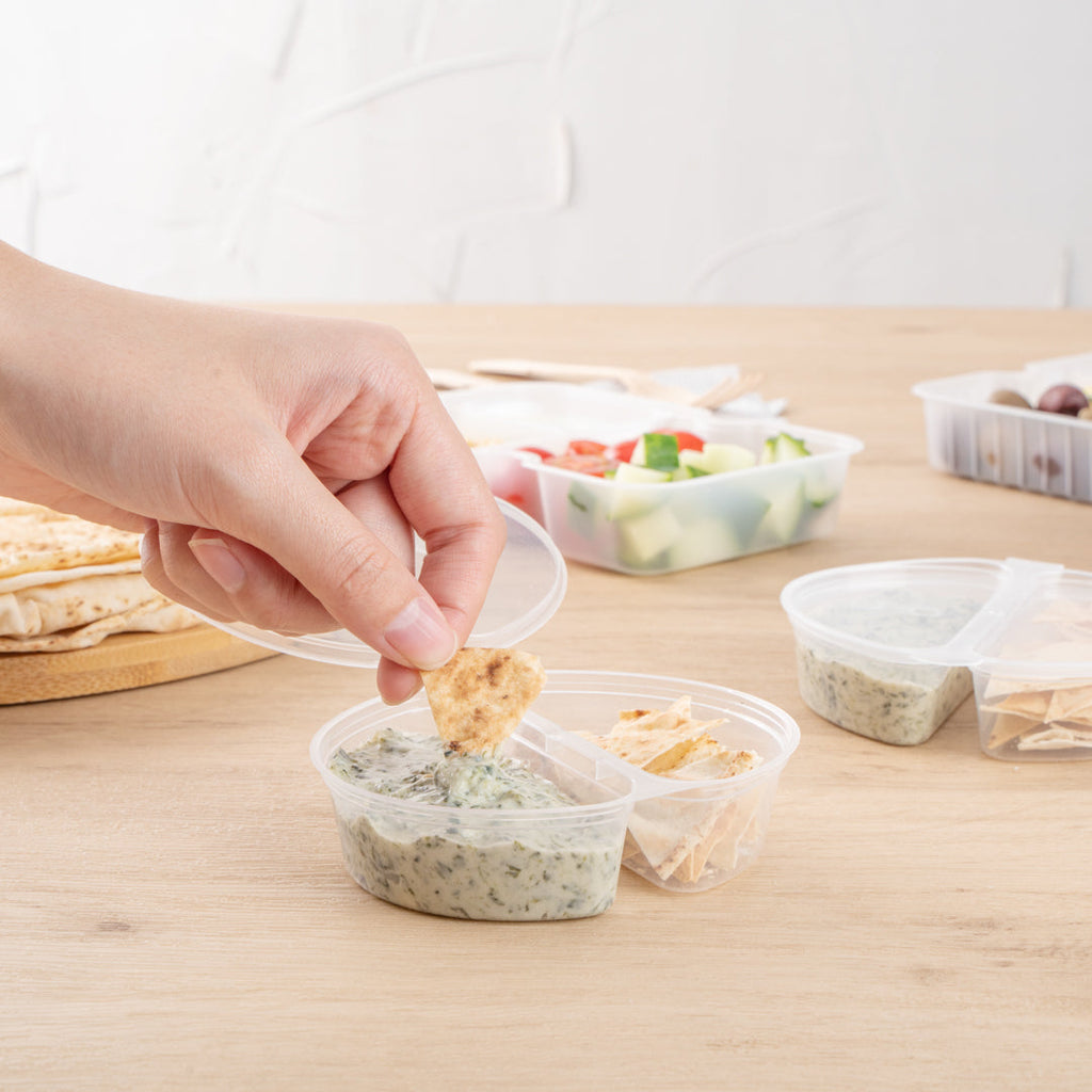 Futura 6 oz Clear Plastic Snack / Condiment Container - with Lid, 2-Compartment, Microwavable - 4" x 3 1/4" x 1" - 100 count box