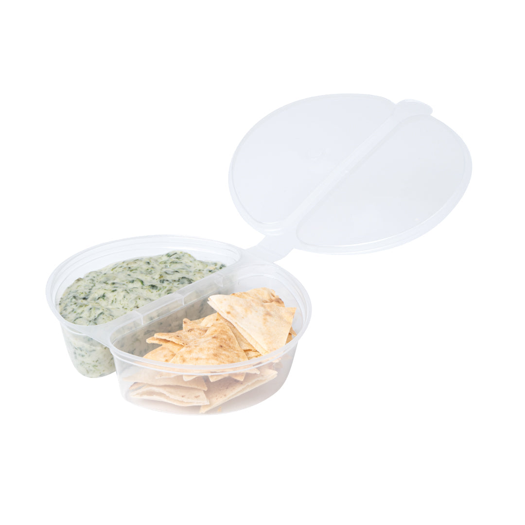 Futura 6 oz Clear Plastic Snack / Condiment 2-Compartment Container - with Lid, Microwavable - 4" x 3 3/4" x 1" - 500 count box
