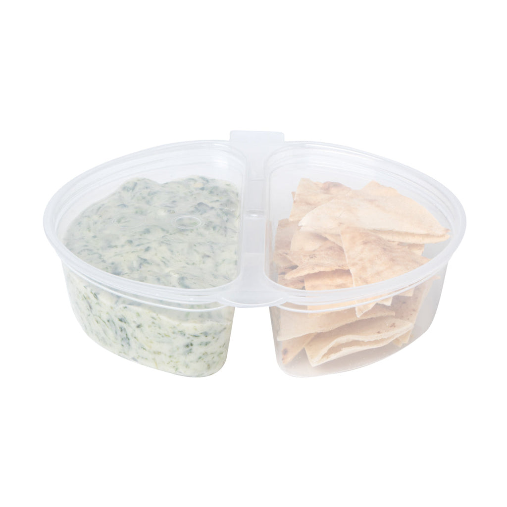 Futura 6 oz Clear Plastic Snack / Condiment 2-Compartment Container - with Lid, Microwavable - 4" x 3 3/4" x 1" - 500 count box