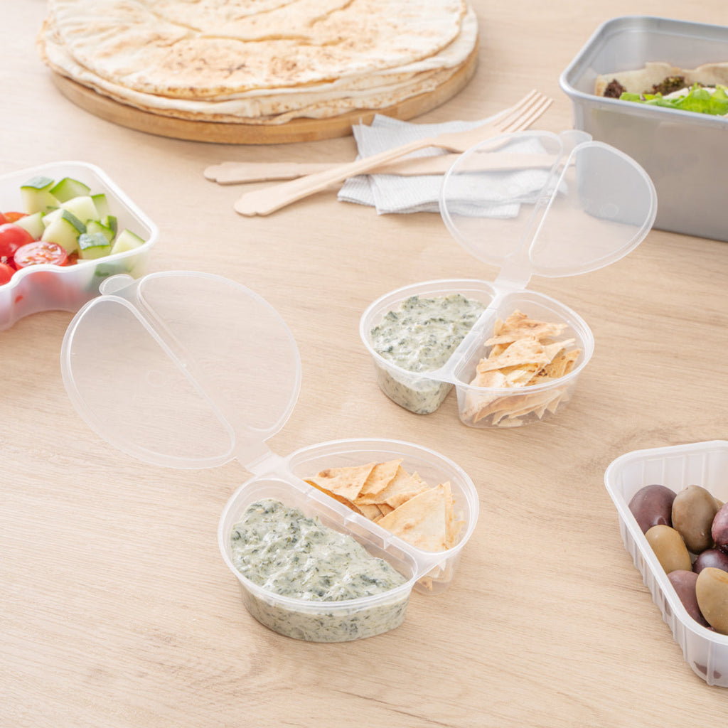 Futura 6 oz Clear Plastic Snack / Condiment 2-Compartment Container - with Lid, Microwavable - 4" x 3 3/4" x 1" - 500 count box