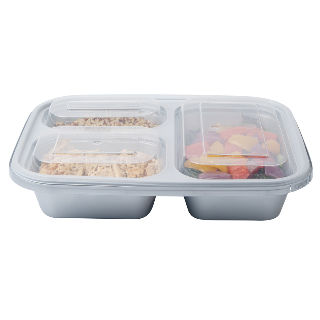 Futura 30 oz Silver Plastic Tamper-Evident 3-Compartment Container - with Clear Lid, Microwavable - 9 1/2" x 7 1/4" x 2" - 100 count box