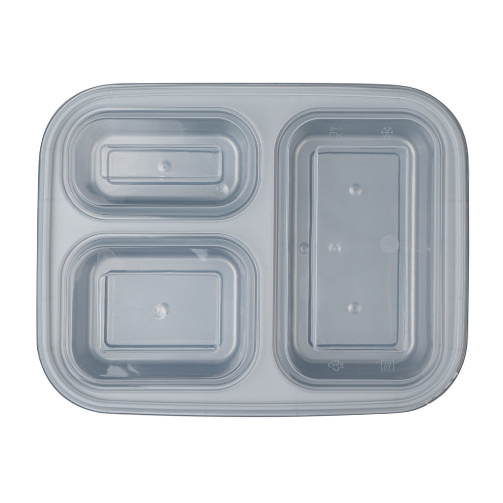 Futura 30 oz Silver Plastic Tamper-Evident 3-Compartment Container - with Clear Lid, Microwavable - 9 1/2" x 7 1/4" x 2" - 100 count box
