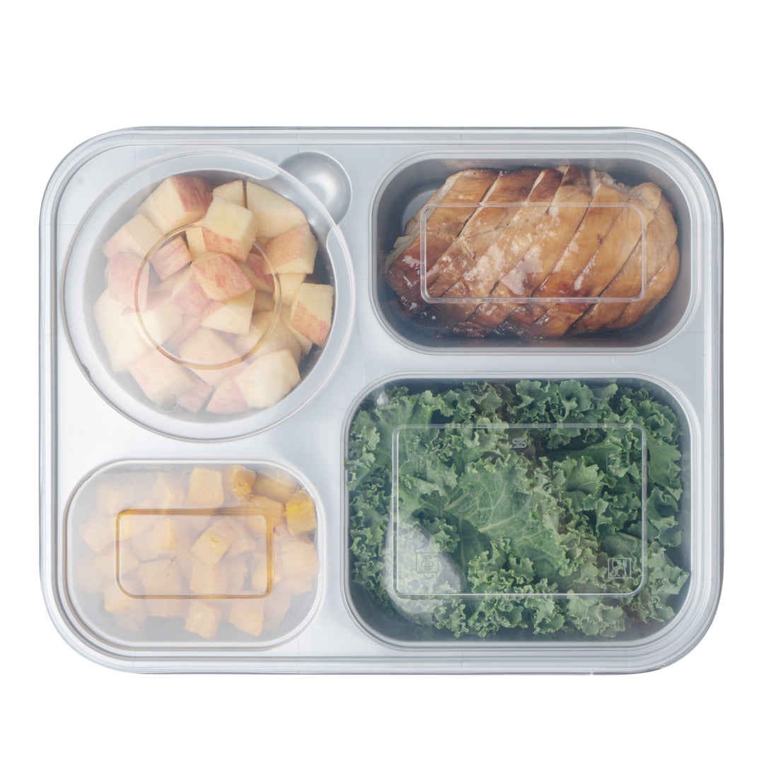 Futura 57 oz Silver Plastic Tamper-Evident 4-Compartment Container - with Clear Lid, Microwavable - 9 3/4" x 7 3/4" x 2" - 100 count box