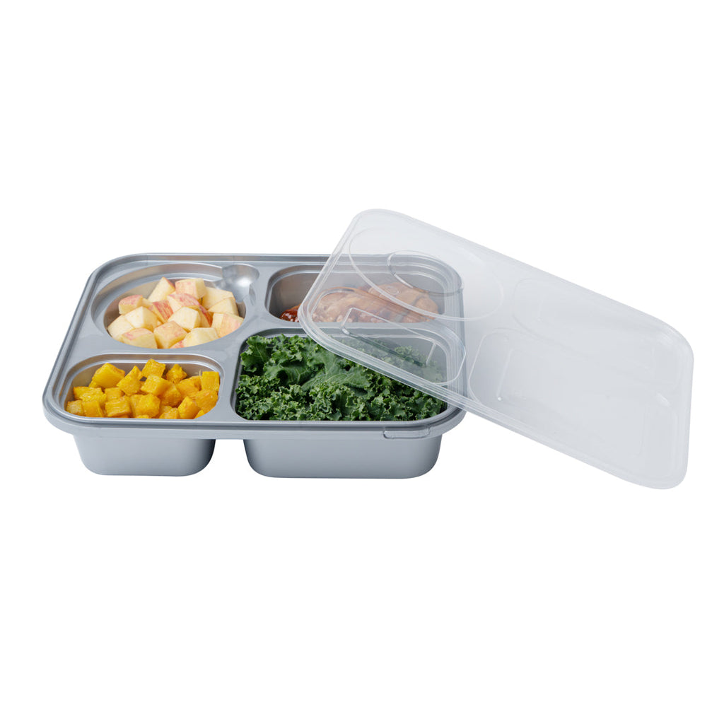 Futura 57 oz Silver Plastic Tamper-Evident 4-Compartment Container - with Clear Lid, Microwavable - 9 3/4" x 7 3/4" x 2" - 100 count box