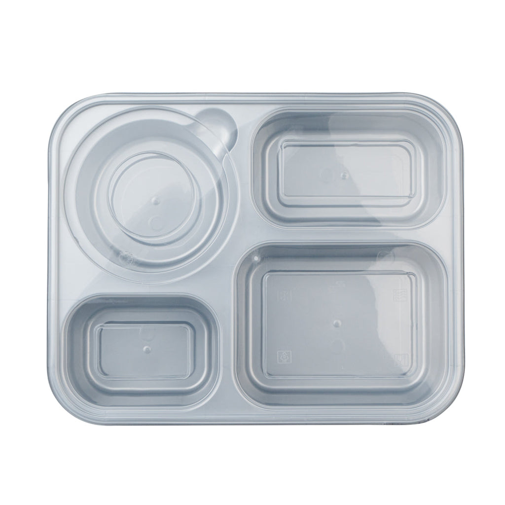 Futura 57 oz Silver Plastic Tamper-Evident 4-Compartment Container - with Clear Lid, Microwavable - 9 3/4" x 7 3/4" x 2" - 100 count box
