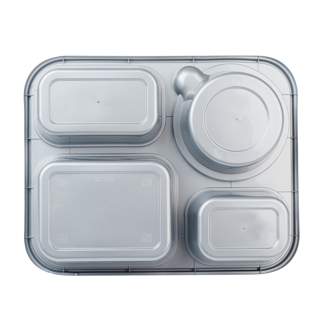 Futura 57 oz Silver Plastic Tamper-Evident 4-Compartment Container - with Clear Lid, Microwavable - 9 3/4" x 7 3/4" x 2" - 100 count box