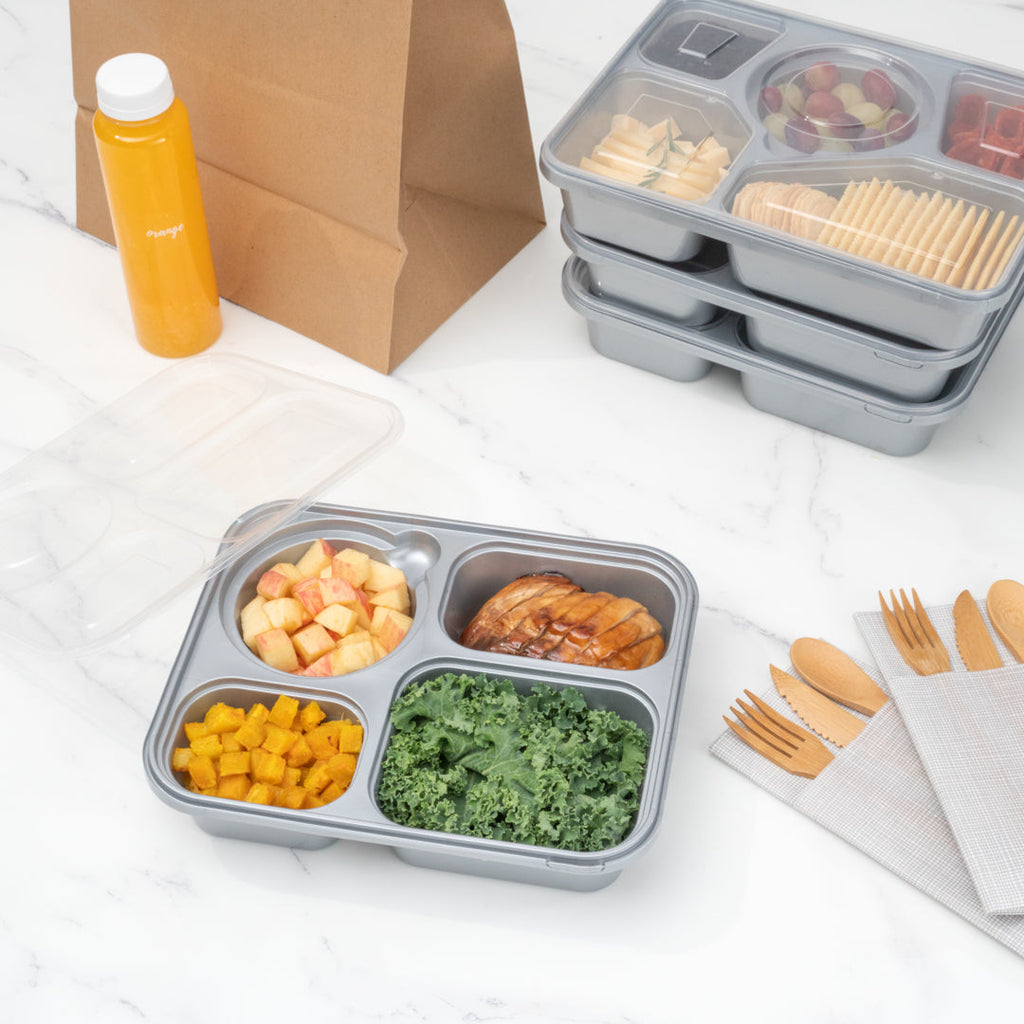 Futura 57 oz Silver Plastic Tamper-Evident 4-Compartment Container - with Clear Lid, Microwavable - 9 3/4" x 7 3/4" x 2" - 100 count box
