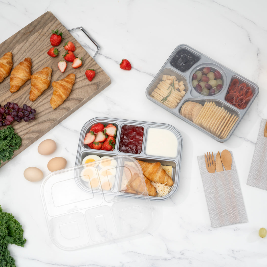 Futura 62 oz Silver Plastic Tamper-Evident 5-Compartment Container - with Clear Lid, Microwavable - 11" x 8 1/2" x 1 3/4" - 100 count box