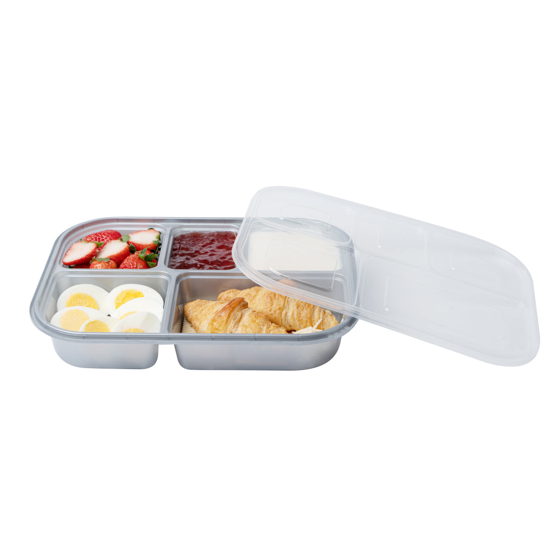 Futura 62 oz Silver Plastic Tamper-Evident 5-Compartment Container - with Clear Lid, Microwavable - 11" x 8 1/2" x 1 3/4" - 100 count box