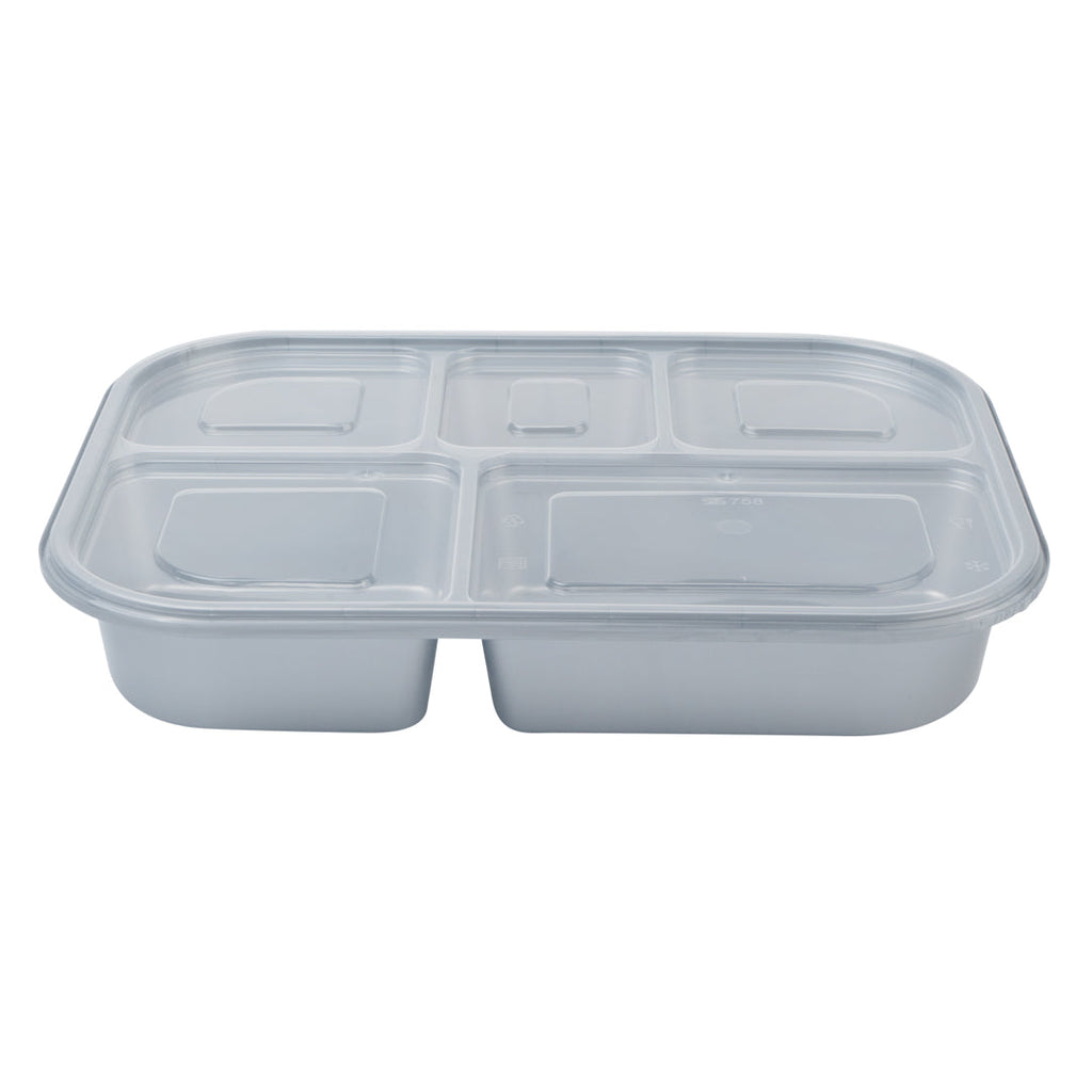 Futura 62 oz Silver Plastic Tamper-Evident 5-Compartment Container - with Clear Lid, Microwavable - 11" x 8 1/2" x 1 3/4" - 100 count box