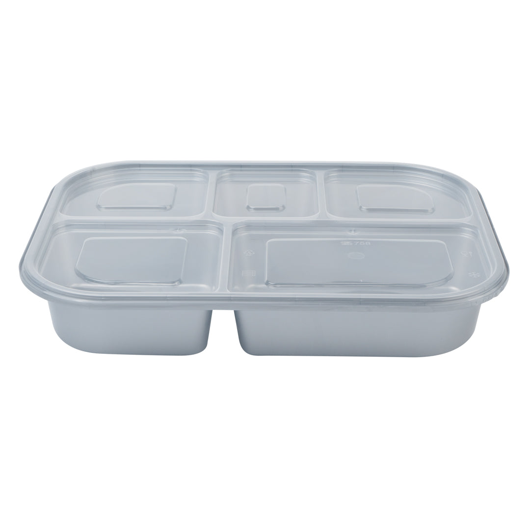 Futura 62 oz Silver Plastic Tamper-Evident 5-Compartment Container - with Clear Lid, Microwavable - 11" x 8 1/2" x 1 3/4" - 100 count box