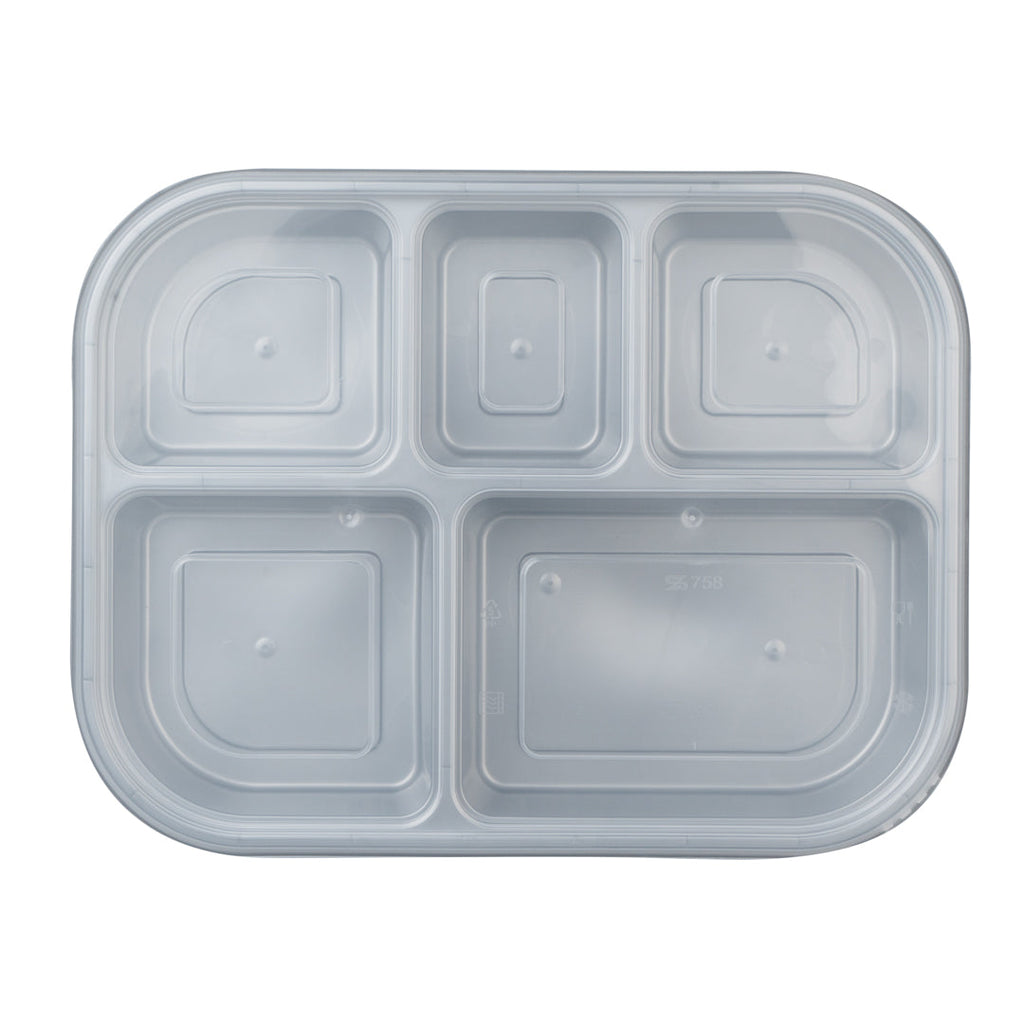 Futura 62 oz Silver Plastic Tamper-Evident 5-Compartment Container - with Clear Lid, Microwavable - 11" x 8 1/2" x 1 3/4" - 100 count box