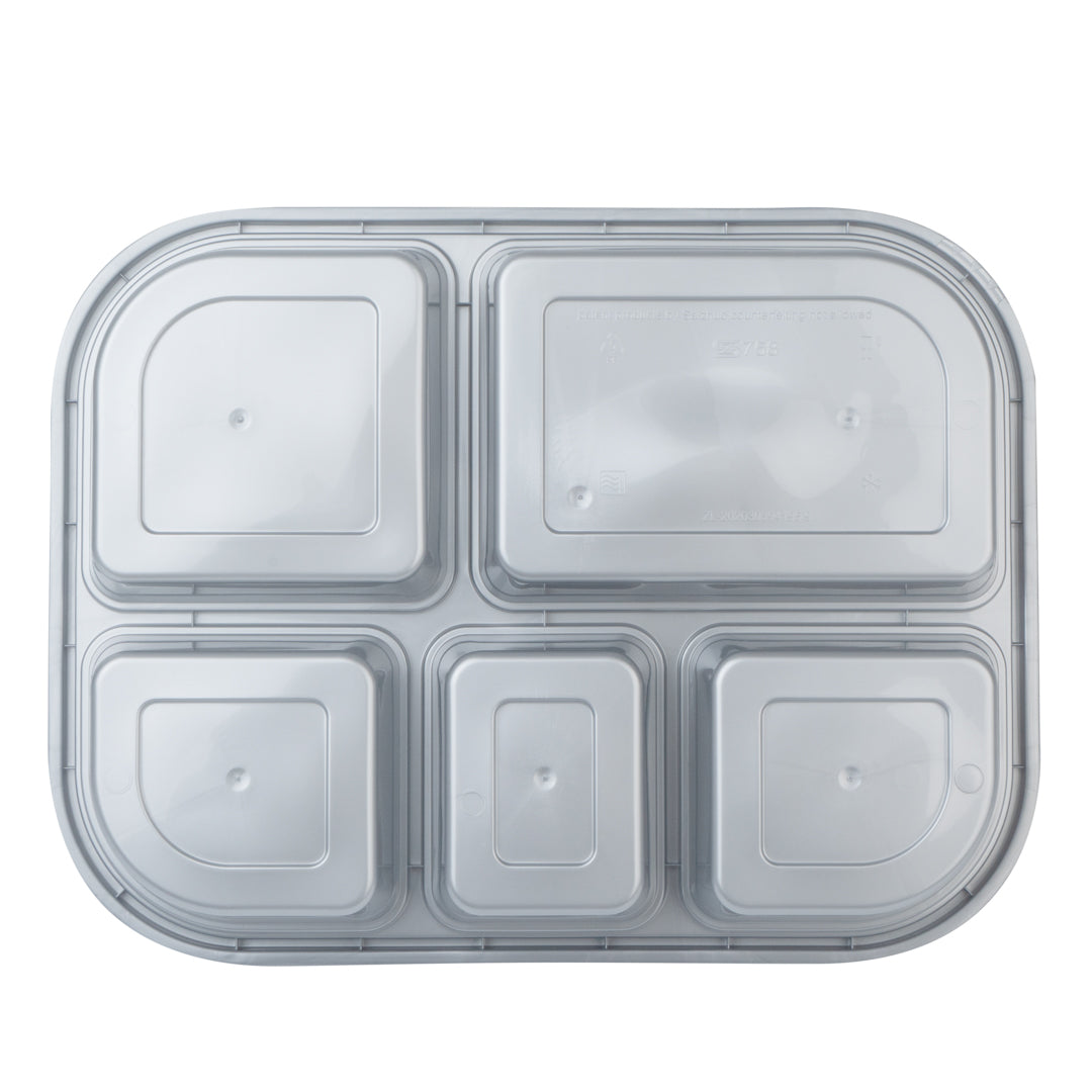 Futura 62 oz Silver Plastic Tamper-Evident 5-Compartment Container - with Clear Lid, Microwavable - 11" x 8 1/2" x 1 3/4" - 100 count box