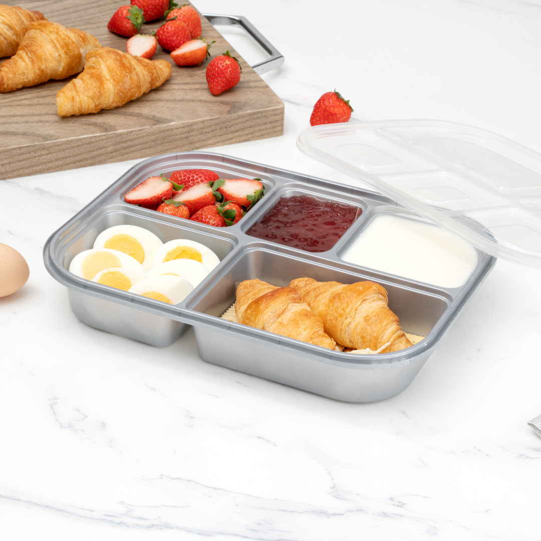 Futura 62 oz Silver Plastic Tamper-Evident 5-Compartment Container - with Clear Lid, Microwavable - 11" x 8 1/2" x 1 3/4" - 100 count box
