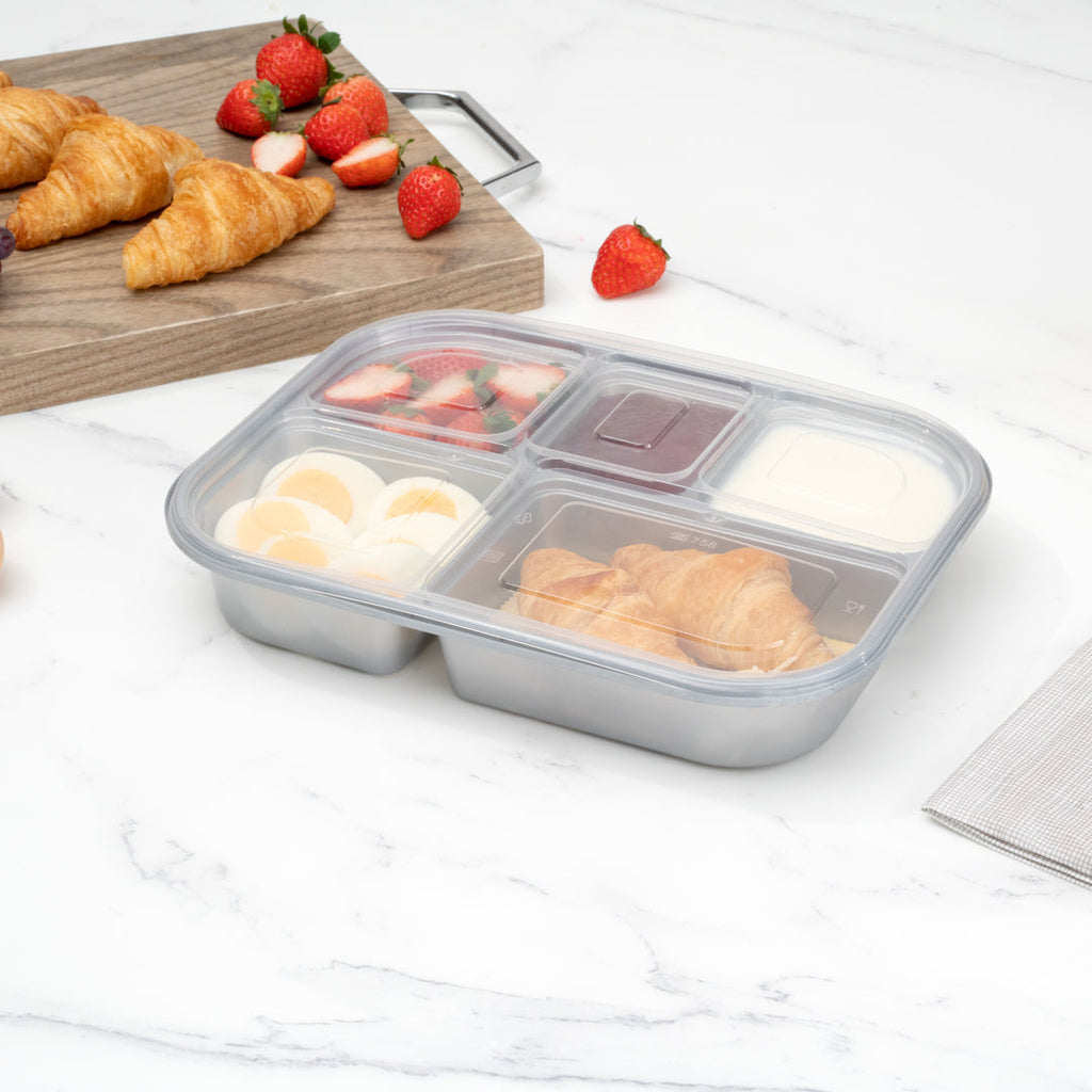 Futura 62 oz Silver Plastic Tamper-Evident 5-Compartment Container - with Clear Lid, Microwavable - 11" x 8 1/2" x 1 3/4" - 100 count box