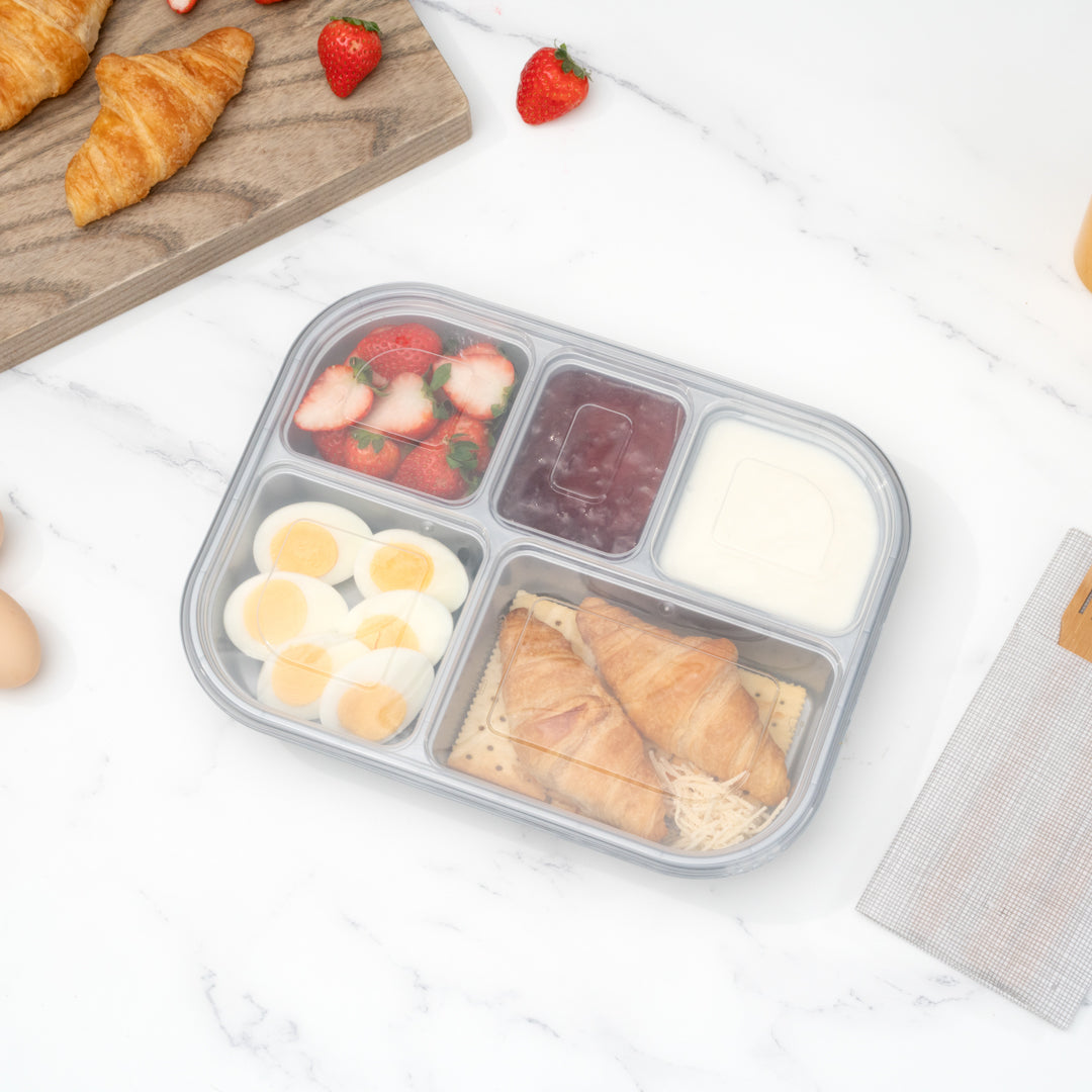 Futura 62 oz Silver Plastic Tamper-Evident 5-Compartment Container - with Clear Lid, Microwavable - 11" x 8 1/2" x 1 3/4" - 100 count box