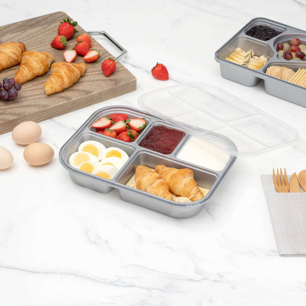 Futura 62 oz Silver Plastic Tamper-Evident 5-Compartment Container - with Clear Lid, Microwavable - 11" x 8 1/2" x 1 3/4" - 100 count box
