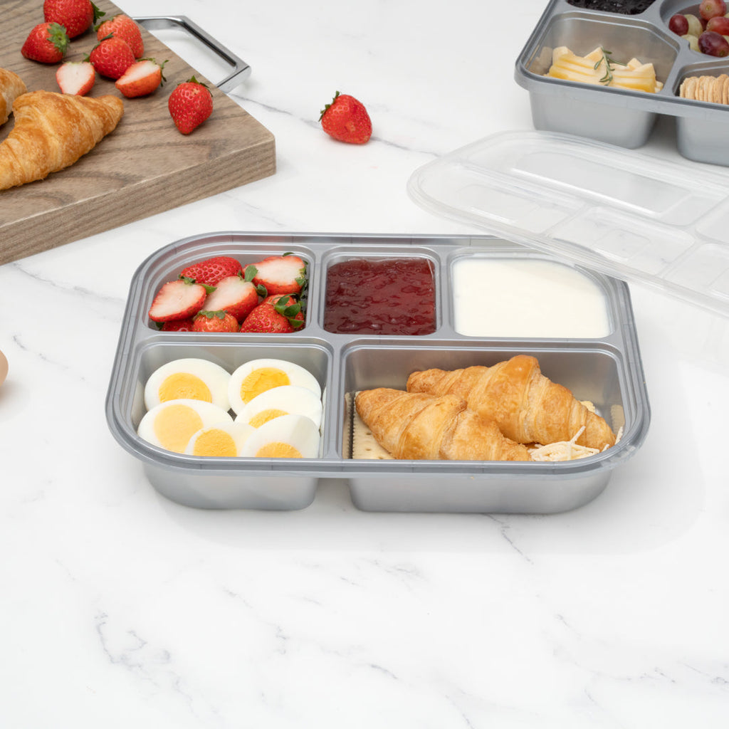 Futura 62 oz Silver Plastic Tamper-Evident 5-Compartment Container - with Clear Lid, Microwavable - 11" x 8 1/2" x 1 3/4" - 100 count box