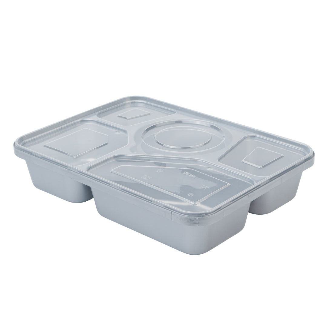Futura 63 oz Silver Plastic Tamper-Evident 5-Compartment Container - with Clear Lid, Microwavable - 10 1/2" x 7 3/4" x 2" - 100 count box