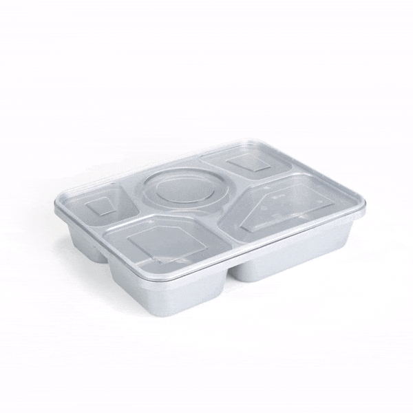 Futura 63 oz Silver Plastic Tamper-Evident 5-Compartment Container - with Clear Lid, Microwavable - 10 1/2" x 7 3/4" x 2" - 100 count box