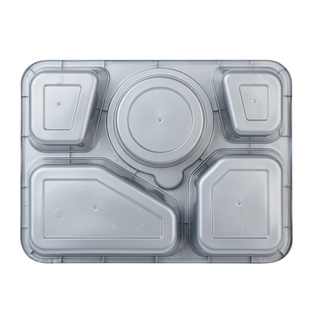 Futura 63 oz Silver Plastic Tamper-Evident 5-Compartment Container - with Clear Lid, Microwavable - 10 1/2" x 7 3/4" x 2" - 100 count box
