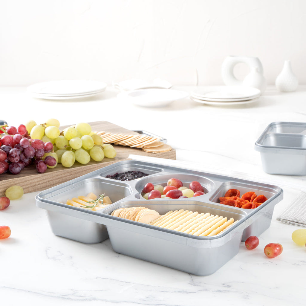 Futura 63 oz Silver Plastic Tamper-Evident 5-Compartment Container - with Clear Lid, Microwavable - 10 1/2" x 7 3/4" x 2" - 100 count box
