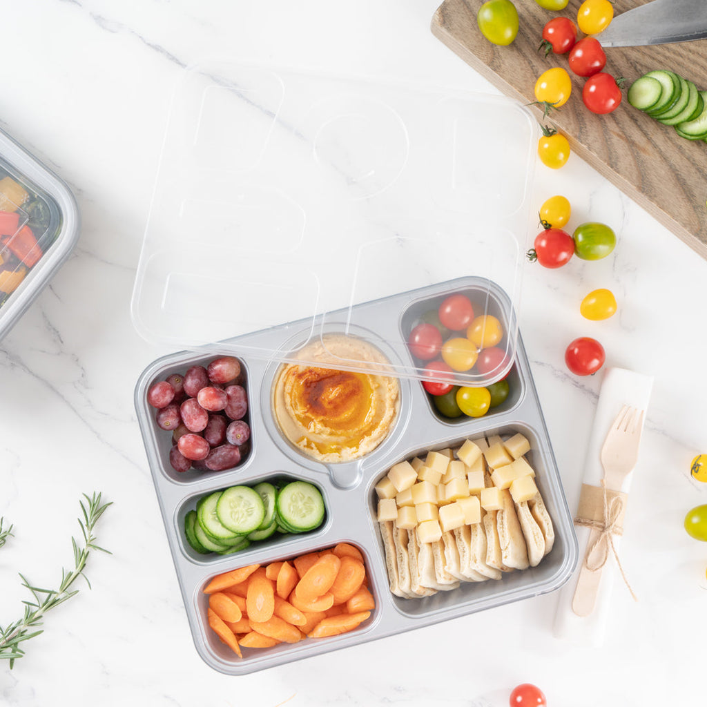 Futura 51 oz Silver Plastic Tamper-Evident 6-Compartment Container - with Clear Lid, Microwavable - 10 1/2" x 7 3/4" x 2" - 100 count box