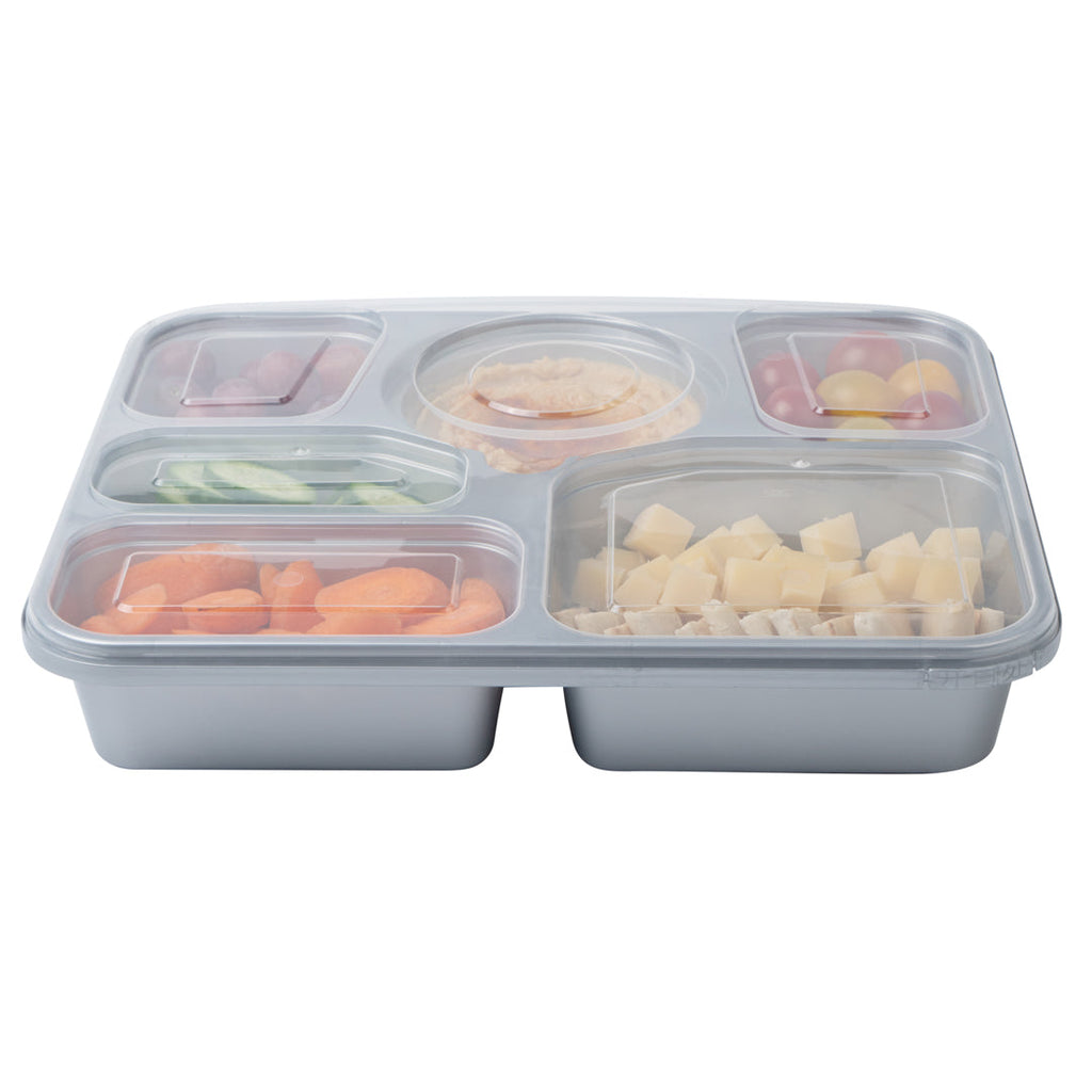 Futura 51 oz Silver Plastic Tamper-Evident 6-Compartment Container - with Clear Lid, Microwavable - 10 1/2" x 7 3/4" x 2" - 100 count box