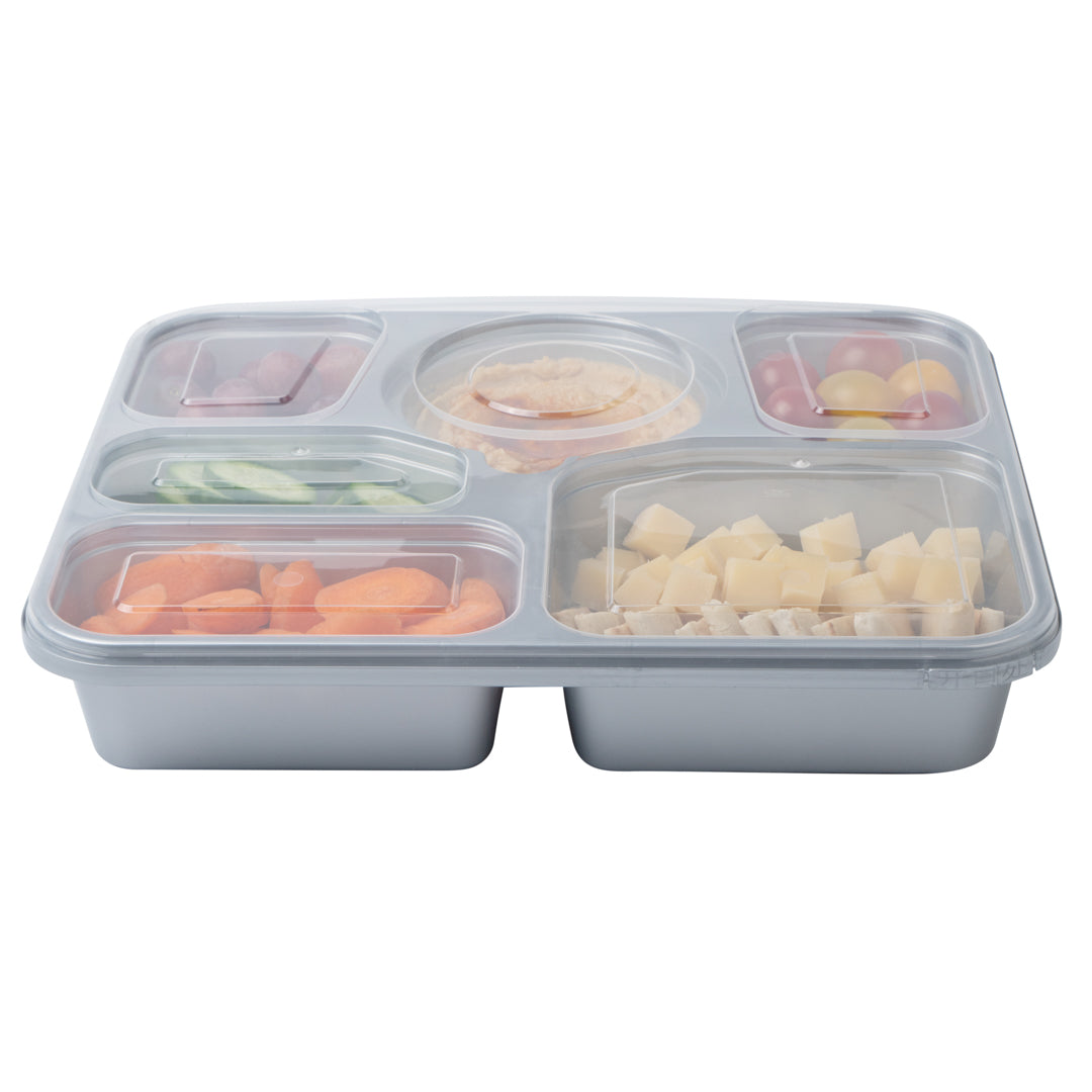 Futura 51 oz Silver Plastic Tamper-Evident 6-Compartment Container - with Clear Lid, Microwavable - 10 1/2" x 7 3/4" x 2" - 100 count box