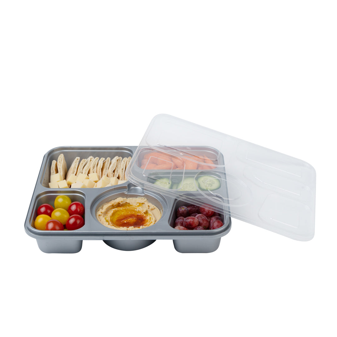 Futura 51 oz Silver Plastic Tamper-Evident 6-Compartment Container - with Clear Lid, Microwavable - 10 1/2" x 7 3/4" x 2" - 100 count box