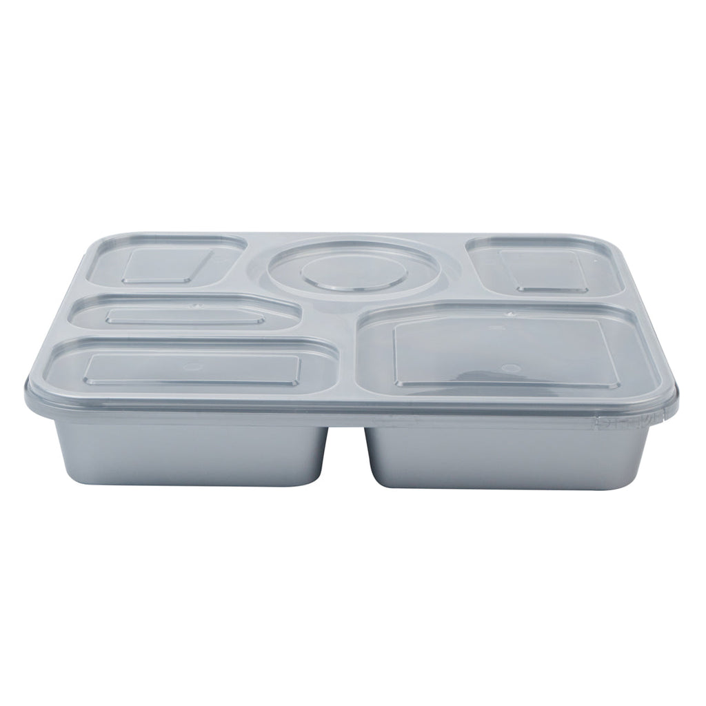 Futura 51 oz Silver Plastic Tamper-Evident 6-Compartment Container - with Clear Lid, Microwavable - 10 1/2" x 7 3/4" x 2" - 100 count box