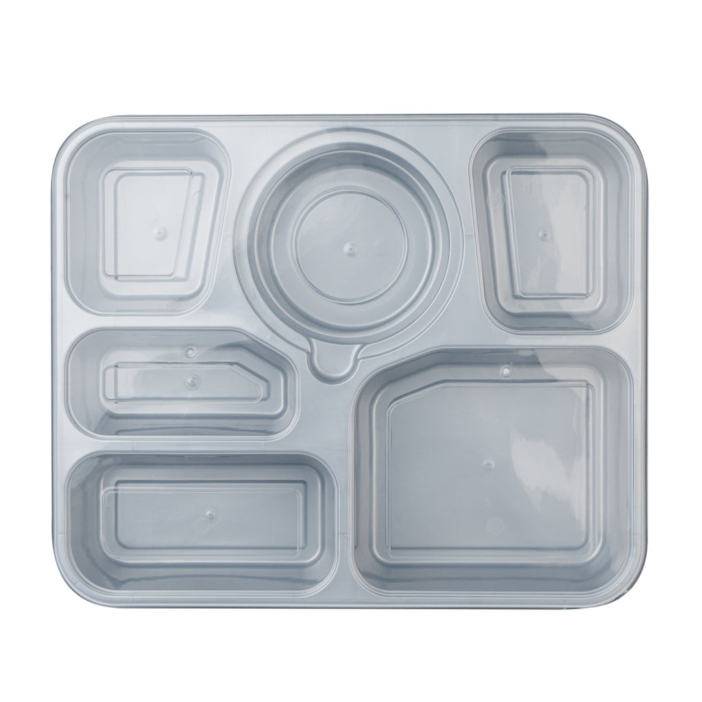 Futura 51 oz Silver Plastic Tamper-Evident 6-Compartment Container - with Clear Lid, Microwavable - 10 1/2" x 7 3/4" x 2" - 100 count box