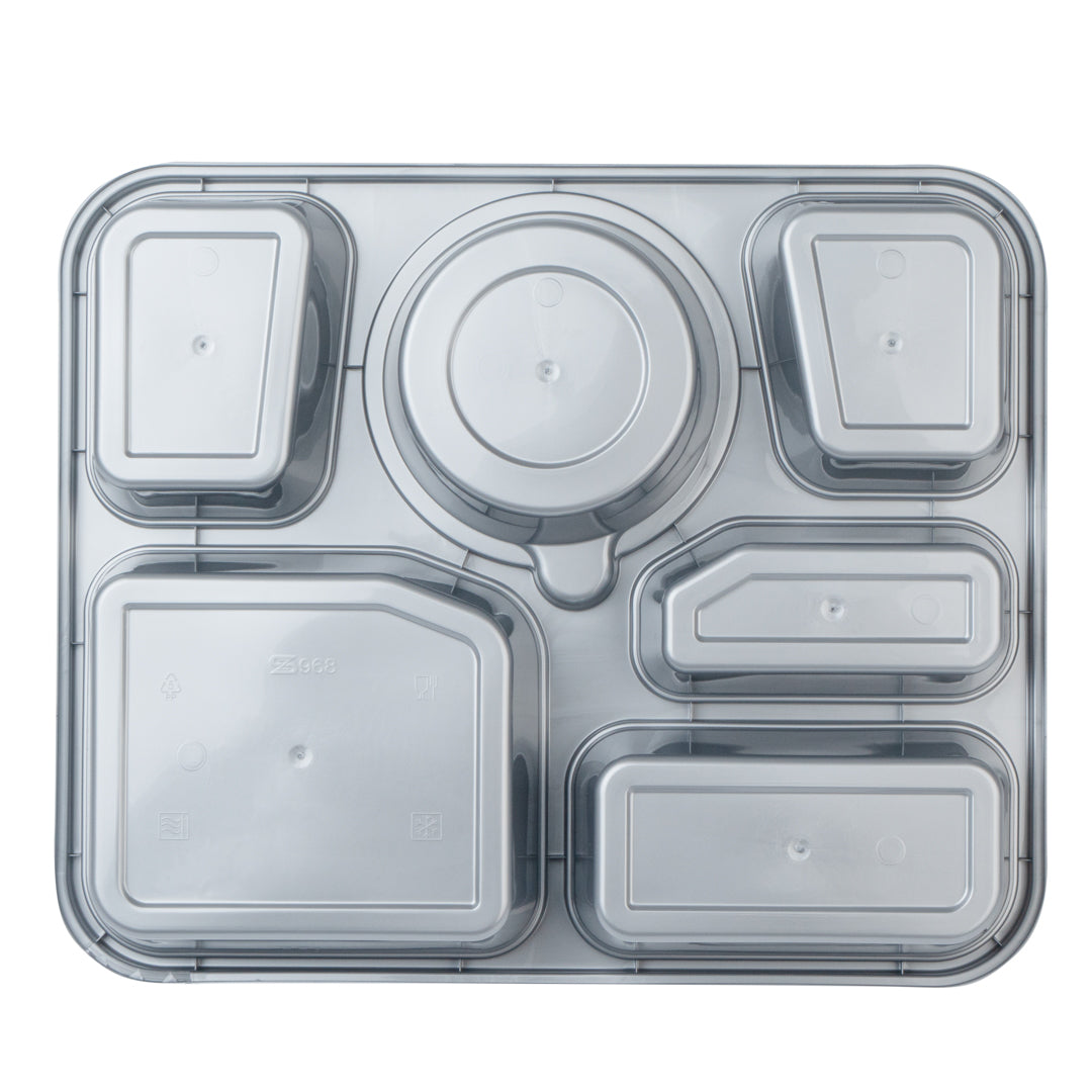 Futura 51 oz Silver Plastic Tamper-Evident 6-Compartment Container - with Clear Lid, Microwavable - 10 1/2" x 7 3/4" x 2" - 100 count box