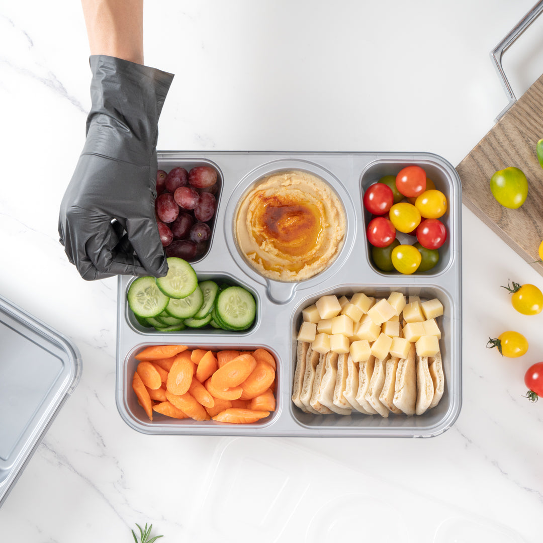 Futura 51 oz Silver Plastic Tamper-Evident 6-Compartment Container - with Clear Lid, Microwavable - 10 1/2" x 7 3/4" x 2" - 100 count box