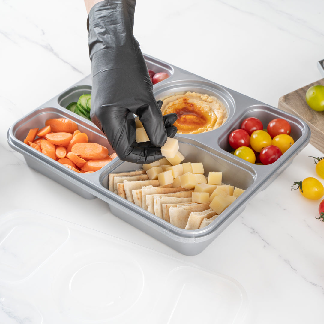 Futura 51 oz Silver Plastic Tamper-Evident 6-Compartment Container - with Clear Lid, Microwavable - 10 1/2" x 7 3/4" x 2" - 100 count box