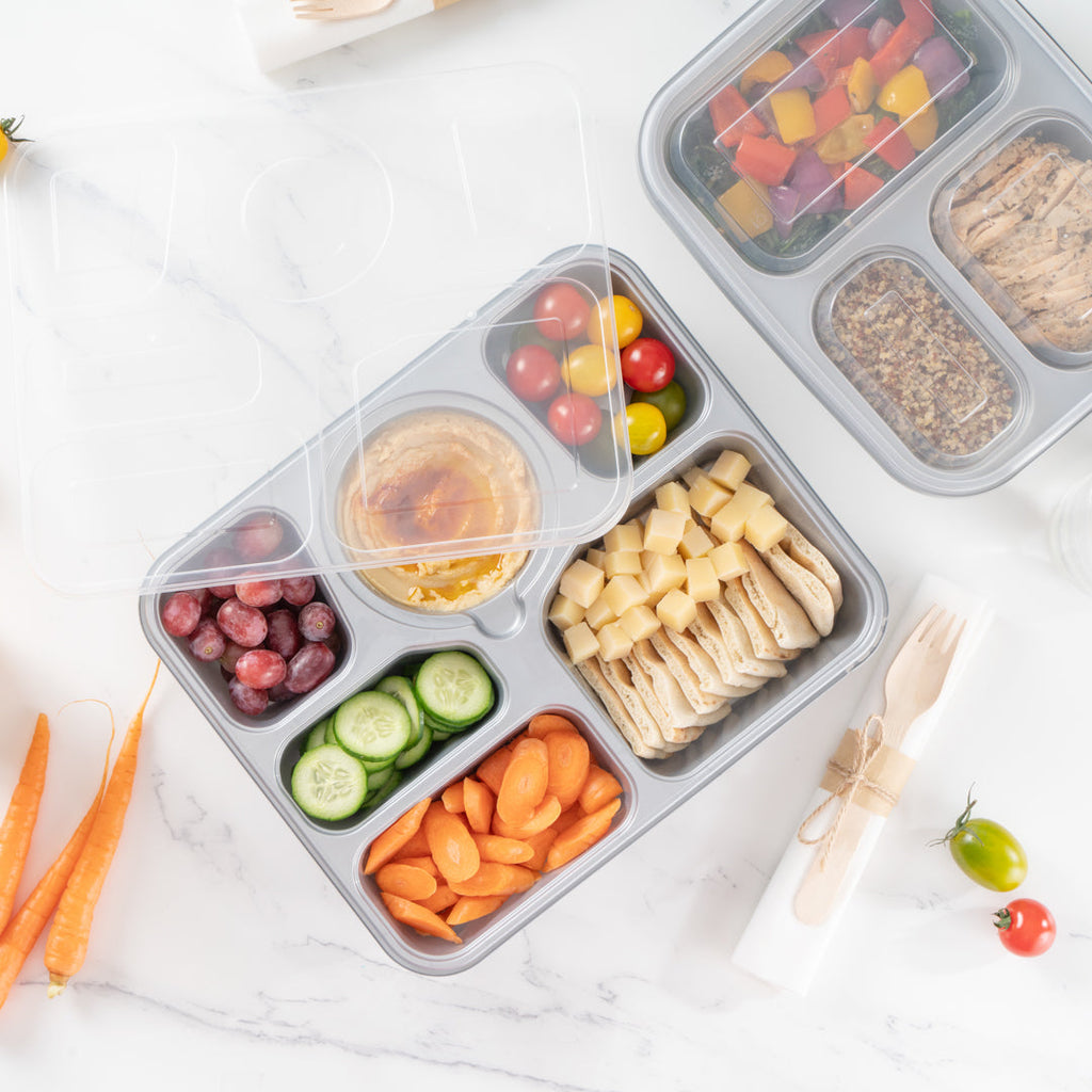 Futura 51 oz Silver Plastic Tamper-Evident 6-Compartment Container - with Clear Lid, Microwavable - 10 1/2" x 7 3/4" x 2" - 100 count box