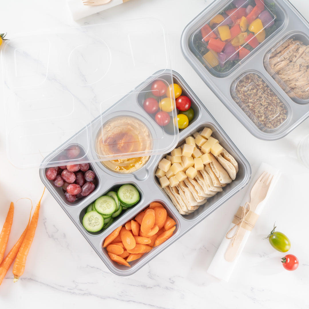 Futura 51 oz Silver Plastic Tamper-Evident 6-Compartment Container - with Clear Lid, Microwavable - 10 1/2" x 7 3/4" x 2" - 100 count box